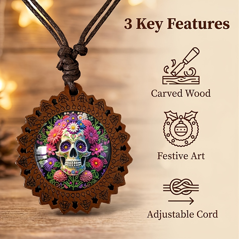 Vibrant Floral Pattern Wooden Necklace for Daily Wear